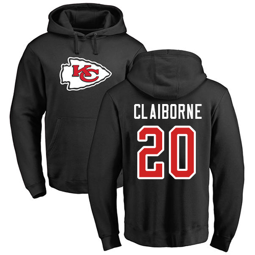 Men Kansas City Chiefs #20 Claiborne Morris Black Name and Number Logo Pullover Hoodie